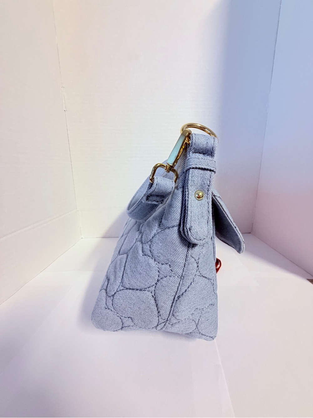 NWT: Betsey Johnson Light Blue Jean Quilted Shoulder Bag with Gold Hardware - Picture 4 of 7